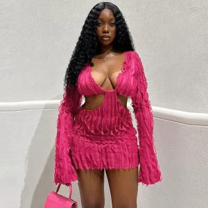 Sexy Women Long Sleeve Solid Color Cut Out Wave Mesh Mini Dress