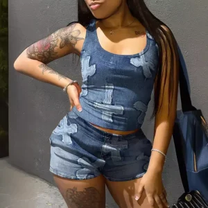 Casual Women Cross Printed Sleeveless Tank Top Tight Shorts Set