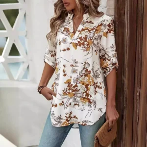 Women Fashion Floral Print V-Neck Shirt Top
