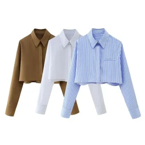 Women Fashion Casual Lapel Stripe Long Sleeve Crop Shirt