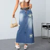 Women Fashion Star Scrub High Waist Split Denim Skirt