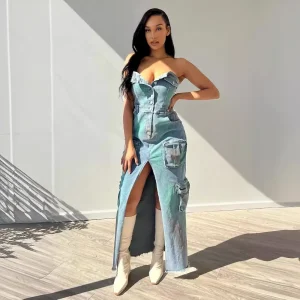 Summer Women Fashion Sexy Strapless Tie-Dye Multi-Pocket Denim Dress