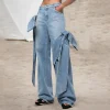 Women Fashion Loose Bow Decorated High Waist Jeans