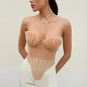 Shell Pleated Fish Bone Inverted Triangle Hem Women Corset Top