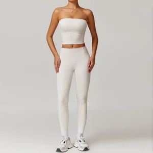 Solid Color Women Tube Top Tight Leggings Sports Yoga Set