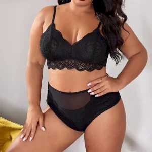 Plus Size Women Sexy Solid Color Lace Underwear Two-Piece Set