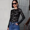 Women Fashion Sexy Lace Perspective Slim-Fit Long Sleeve T-Shirt