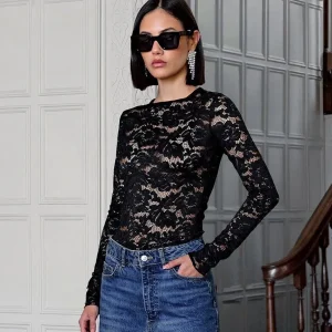 Women Fashion Sexy Lace Perspective Slim-Fit Long Sleeve T-Shirt