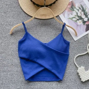 Women Sexy Solid Color Threaded Cross Camisole Crop Top