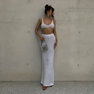 Women Fashion Sexy Knitted Crop Top Slim Fit Skirt Two-Piece Set