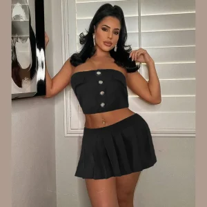 Women Fashion Sexy Button Tube Top Pleated Zipper Skirt Two-Piece Set