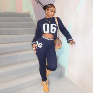 Women Fashion Casual Letters Long Sleeve Round-Neck Sweater Tight Pants Knitted Stwo-Piece Set