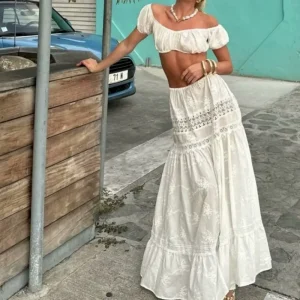 Women Summer Vacation Cotton White Lace Off-Shoulder Crop Top Long Skirt Set