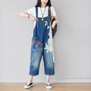 Women Fashion Stitching Floral Printed Wide-Leg Denim Jumpsuit