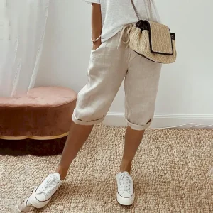 Women Casual Cotton And Linen Solid Color Pocket Pants