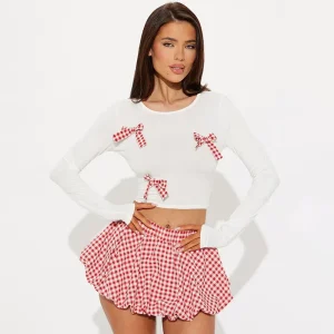 Women Fashion Sexy Bowknot Round-Neck Long-Sleeve Crop Top Plaid Flower Bud Skirt Two-Piece Set