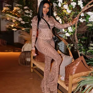 Women Fashion Sexy Printed Mesh Half-High Neck Long Sleeve Top Slim Fit Pants Two-Piece Set