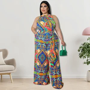 Women Casual Plus Size Floral Printed Sleeveless Loose Lace-Up Jumpsuits