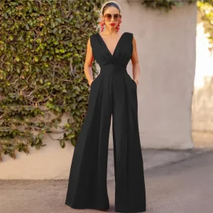 Women Fashion Sexy Solid Color V-Neck Sleeveless High Waist Wide Leg Jumpsuit