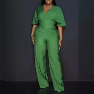 Women Casual Loose Solid Color V-Neck Short-Sleeve Jumpsuits