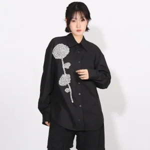 Women Fashion Casual Loose Rhinestone Flower Lapel Long-Sleeve Blouse