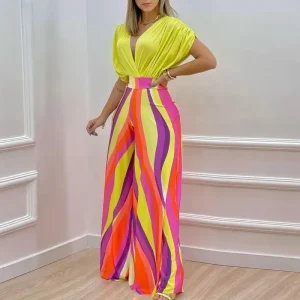 Women Fashion Print Bodysuits And Wide-Leg Pants Two-Piece Set